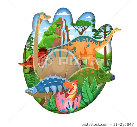 Paper cut dinosaur footprint with dino characters in tropical forest. Cartoon cute triceratops, stegosaurus and baby dinosaur in egg, funny brontosaurus and brachiosaurus, prehistoric nature landscape 114295847