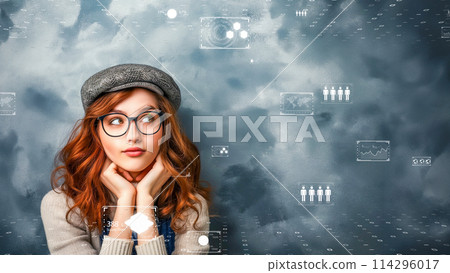 Young woman reflecting on the digital age and pondering the complexities of information technology Young woman reflecting on the digital age and pondering the complexities of information technology 114296017