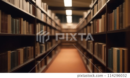 Deep focus along a library aisle flanked by shelves of books under ambient lighting Deep focus along a library aisle flanked by shelves of books under ambient lighting 114296032