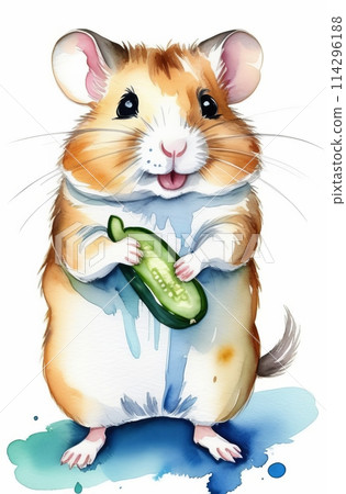 Happy hamster hold a little cucumber, illustration in watercolor style 114296188