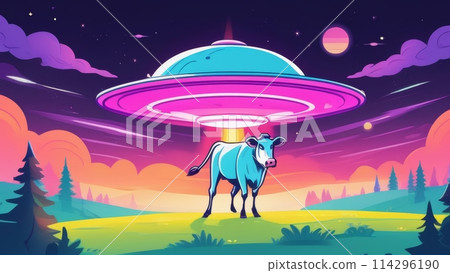 UFO over the field with white cow, at dusk 114296190