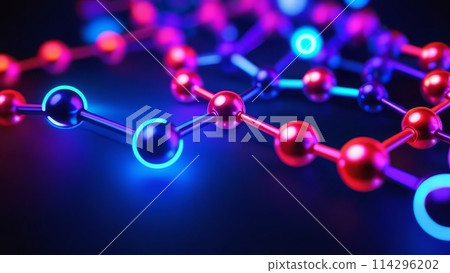 The connection of particles of molecules in neon light, on a dark background The connection of particles of molecules in neon light, on a dark background 114296202