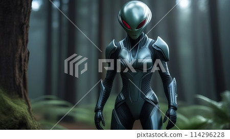 Portrait of an alien creature with metal skin standing in a forest 114296228