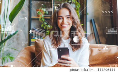 使用人工智慧和數位工具的女性形象。婦女發揮積極作用並為社會做出貢獻的理念。 使用人工智慧和數位工具的女性形象。婦女發揮積極作用並為社會做出貢獻的理念。 114296454