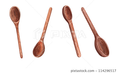Natural wooden spoon set. Top and perspective view. Utensils for cooking. Kitchenware with wood texture. Watercolor illustration. Template for food menu, cookbook or recipe design 114296517