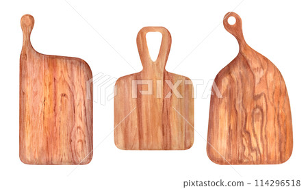 Set of empty wooden cutting boards with handle. Rectangle chopping graceful board with rounded corners. Top view. Kitchen tools. Watercolor illustration for cooking design, menu, books 114296518