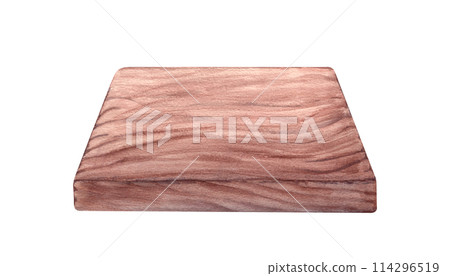 Wood brown plank. Surface with horizontal shabby texture. Perspective view. Rectangular serving board. Template for food projects, interior design. Watercolor illustration 114296519