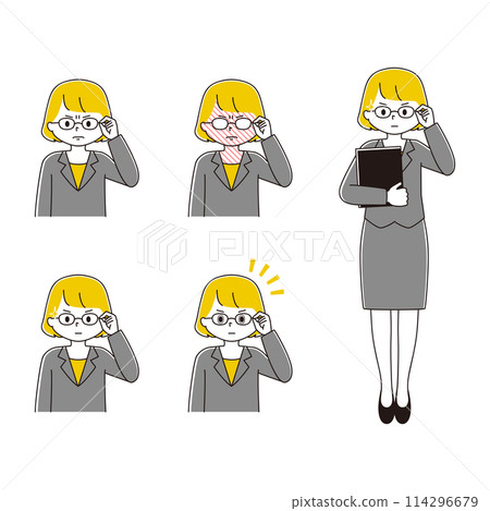 Illustration set of a woman wearing glasses and wearing a suit with a serious expression Illustration set of a woman wearing glasses and wearing a suit with a serious expression 114296679