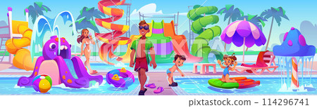 People in waterpark with water pools and slides. 114296741