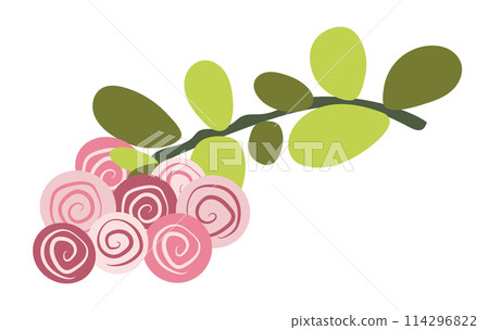 Abstract pink roses on twig in flat design. Blooming twisted rosebuds. Vector illustration isolated. 114296822
