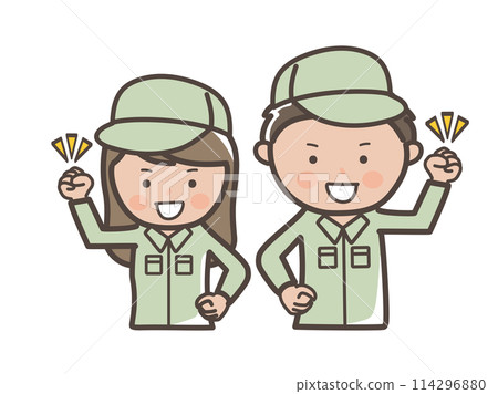 Illustration of male and female workers (delivery staff) in work clothes full of motivation with a fist pump 114296880