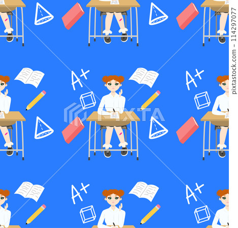 Seamless pattern Cute girl with red hair sitting at a school desk near book pencil. Back to school edition. Flat vector. Background blue Seamless pattern Cute girl with red hair sitting at a school desk near book pencil. Back to school edition. Flat vector. Background blue 114297077