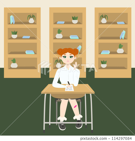 Cute girl with red hair sitting at a school desk in school class with 3 wardrobes with books. Back to school edition. Flat vector Cute girl with red hair sitting at a school desk in school class with 3 wardrobes with books. Back to school edition. Flat vector 114297084