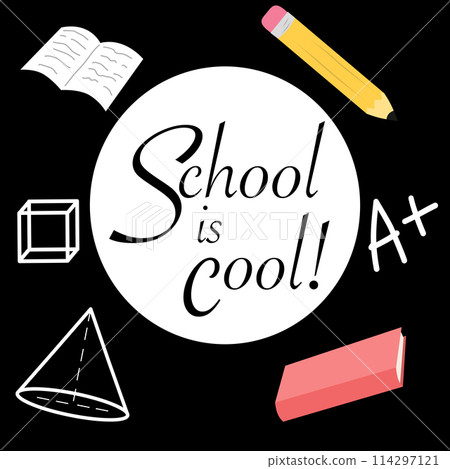 Lettering on white circle with school things set on black pencil bool mark cube. Back to school edition. Flat vector Lettering on white circle with school things set on black pencil bool mark cube. Back to school edition. Flat vector 114297121