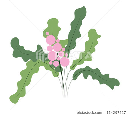 Abstract pink wildflower in flat design. Decorative blossom with leaves. Vector illustration isolated. 114297217