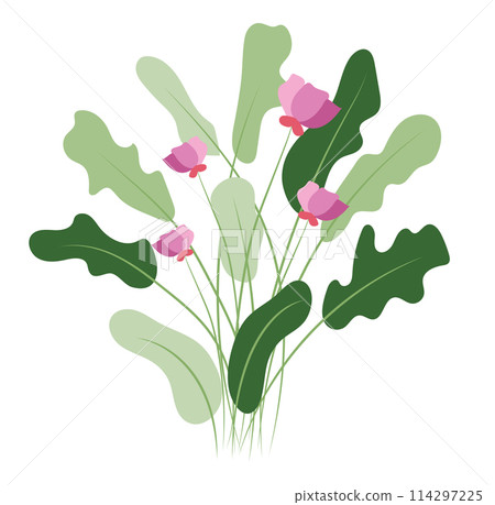 Abstract pink flower bush in flat design. Decorative blossoms with leaves. Vector illustration isolated. 114297225
