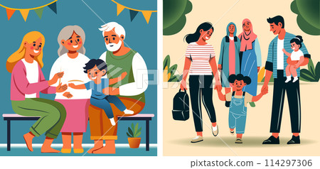 Diverse Family Urban Walk Illustration 114297306