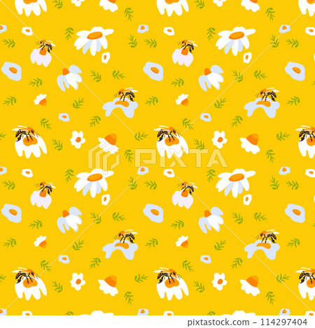 Seamless pattern wildflower daisy bee Plant flower graphic card Yellow poster banner Spring summer fabric clothing backdrop packaging wallpaper Template textile cover 114297404