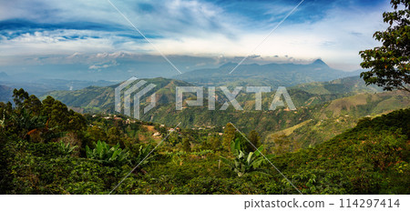 Idyllic countryside with rolling hills near Santa Barbara, Antioquia department, Colombia 114297414