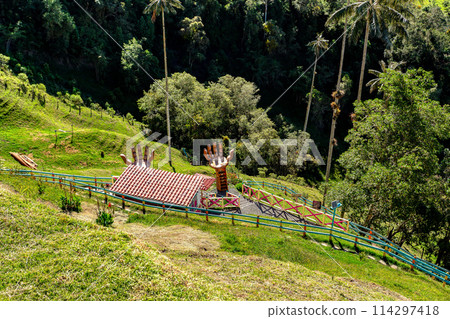 Entertainment center in Valle del Cocora Valley with tall wax palm trees. Salento, Quindio department. Colombia 114297418