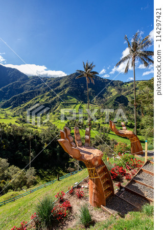 Entertainment center in Valle del Cocora Valley with tall wax palm trees. Salento, Quindio department. Colombia 114297421