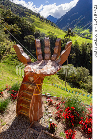 Entertainment center in Valle del Cocora Valley with tall wax palm trees. Salento, Quindio department. Colombia 114297422