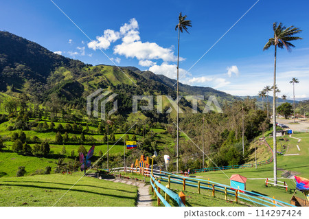 Entertainment center in Valle del Cocora Valley with tall wax palm trees. Salento, Quindio department. Colombia 114297424