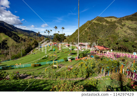 Entertainment center in Valle del Cocora Valley with tall wax palm trees. Salento, Quindio department. Colombia 114297429