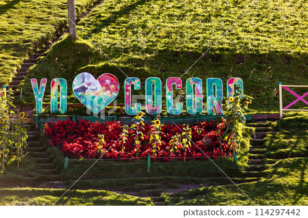 Sign Yo Love Cocora in Entertainment center in Valle del Cocora Valley. Salento, Quindio department. Colombia 114297442
