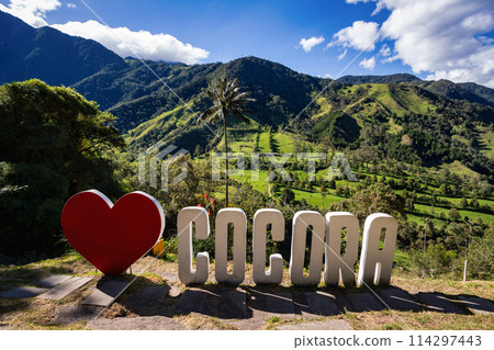 Sign Yo Love Cocora in Entertainment center in Valle del Cocora Valley. Salento, Quindio department. Colombia 114297443
