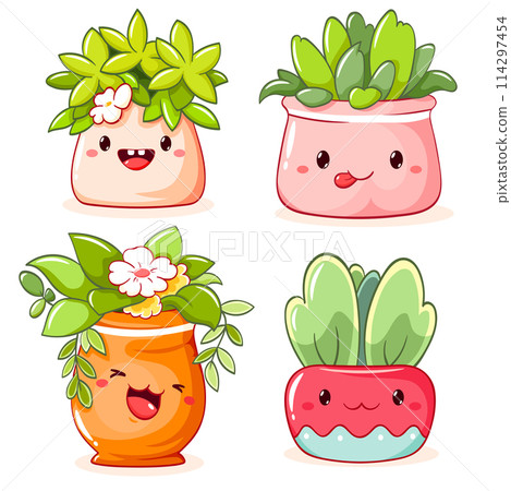 Cute cartoon plants in flowerpot. Plant in kawaii style in flower pot. Home garden, hobby and leisure concept. Gardening and floriculture. Vector illustration EPS8 114297454