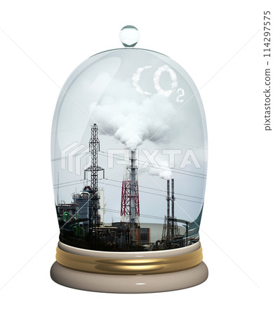 Environmental pollution, net CO2 footprint neutralize development. Glass protective cap catching factory harmful cloud. Ecology and conservation protection concept. Isolated on white. 3d render Environmental pollution, net CO2 footprint neutralize development. Glass protective cap catching factory harmful cloud. Ecology and conservation protection concept. Isolated on white. 3d render 114297575