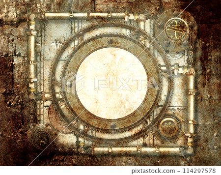 Grunge retro background in steampunk style with paper texture, frame with vintage metal details, pipelines, gear. Mock up template. Copy space for text. Can be used for industrial, mechanical design 114297578