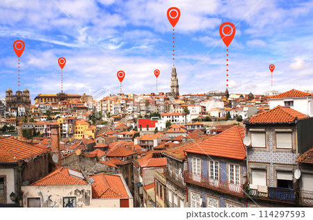 Network connection concept. Aerial view on old part of Ribeira in Porto, Portugal with location pin. Global positioning system pin map. Map pins with top view on Porto, Portugal Network connection concept. Aerial view on old part of Ribeira in Porto, Portugal with location pin. Global positioning system pin map. Map pins with top view on Porto, Portugal 114297593