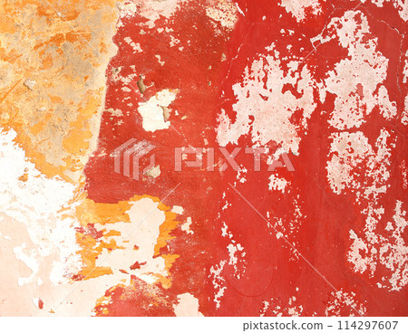 Grunge background with texture of cracked stucco. Horizontal banner with old stucco wall texture of beige color and cracked paint of red, pink, yellow color. Mock up template. Copy space for text Grunge background with texture of cracked stucco. Horizontal banner with old stucco wall texture of beige color and cracked paint of red, pink, yellow color. Mock up template. Copy space for text 114297607