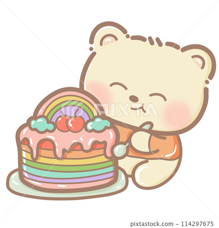 Handdrawn illustration Cute kawaii yellow teddy bear pride month Lgbt Rainbow clipart pastel color greeting card party invitation 114297675