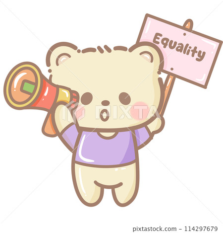 Handdrawn illustration Cute kawaii yellow teddy bear pride month Lgbt Rainbow clipart pastel color greeting card party invitation 114297679