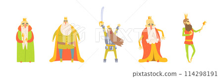 Man King Character with Beard Wearing Crown Vector Set 114298191
