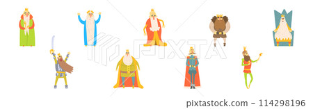 Man King Character with Beard Wearing Crown Vector Set 114298196
