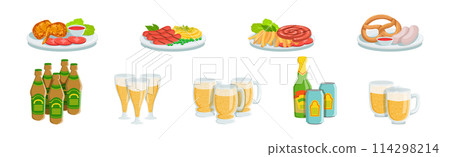 Grilled Food and Cooked Snack on Plate with Beer Vector Set Grilled Food and Cooked Snack on Plate with Beer Vector Set 114298214