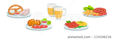 Grilled Food and Cooked Snack on Plate with Beer Vector Set 114298216