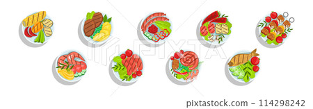 Grilled Food and Cooked Snack on Plate Vector Set 114298242