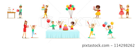 Boy and Girl Child at Happy Birthday Party Celebrating Holiday Vector Set Boy and Girl Child at Happy Birthday Party Celebrating Holiday Vector Set 114298262