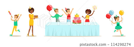 Boy and Girl Child at Happy Birthday Party Celebrating Holiday Vector Set 114298274