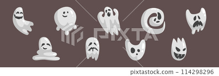 Grey Ghost Character with Scary Face Grimace Vector Set 114298296