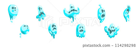 Blue Ghost Character with Scary Face Grimace Vector Set 114298298
