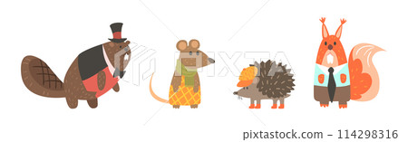 Funny Forest Animal Wear Dress and Clothes Vector Set 114298316