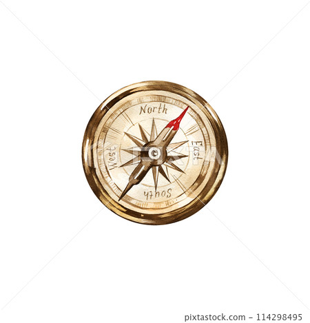 watercolor old metal navigation compass with cardinal direction, vintage brown compass, naval equipment, captain, sailor and travelers tool isolated on white background, for adventures illustrations watercolor old metal navigation compass with cardinal direction, vintage brown compass, naval equipment, captain, sailor and travelers tool isolated on white background, for adventures illustrations 114298495