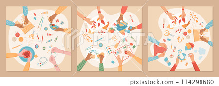 Cartoon handicraft DIY hobby workshop banner, top view colorful hands make pottery art class concept, children handmade painting activity background, creative craftwork group illustration, 114298680
