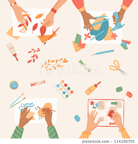 Flat handmade craftwork art class background, creative handcraft top view illustration, hands create handicraft hobby activity collection, colorful children craft work social media banner concept. 114298705